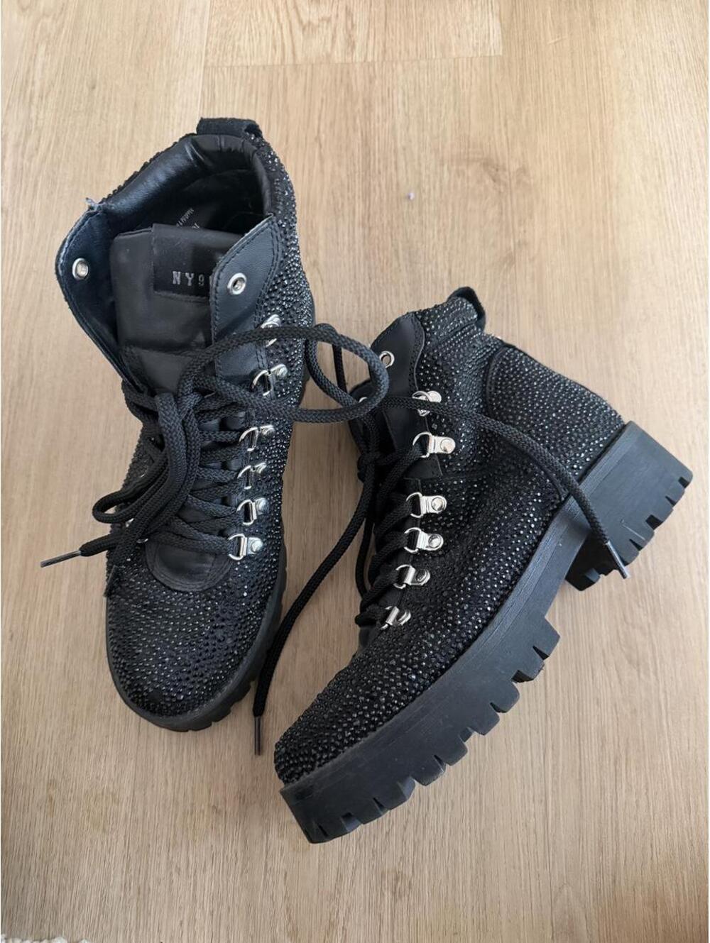 Steve Madden black leather boots with black bedazzled studs,
